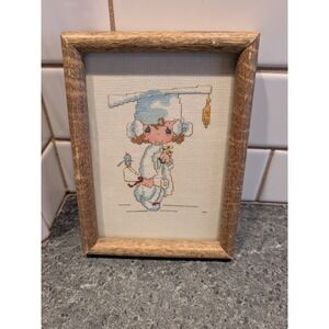 Vintage Needlework Graduation Cross Stitch Framed Glass Graduate Handmade